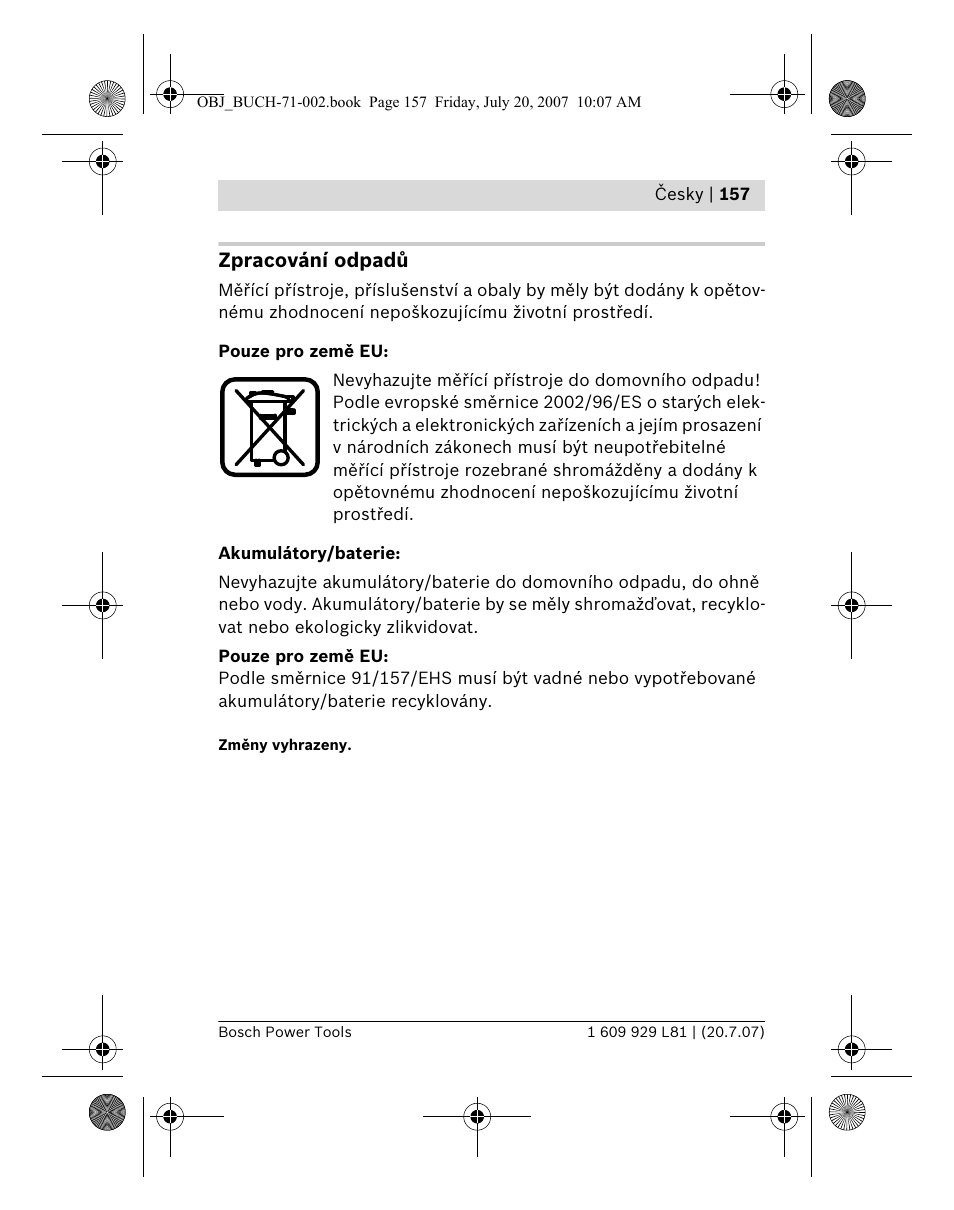 Zpracování odpadů | Bosch BLE 200 Professional User Manual | Page 157 / 267