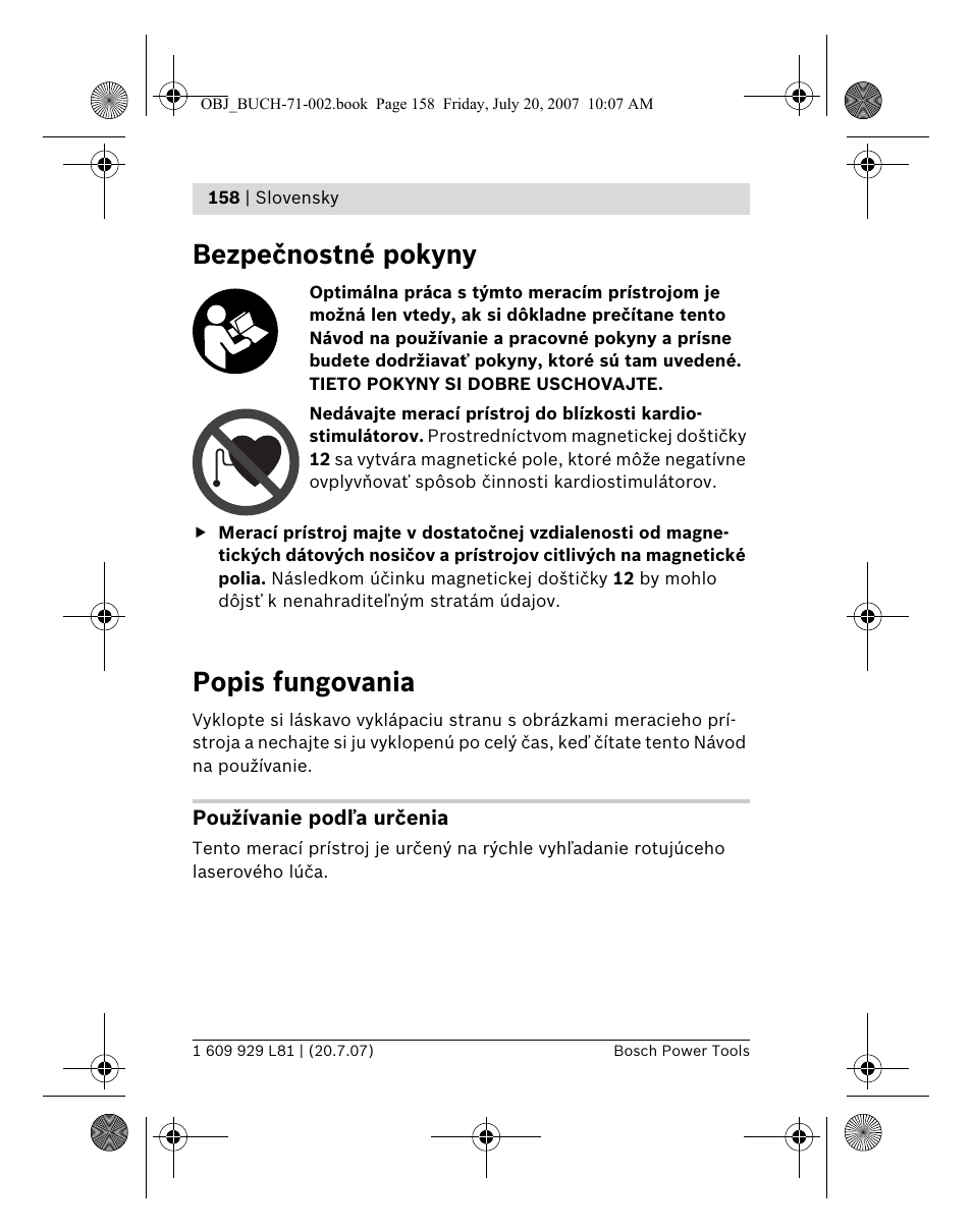 Bezpečnostné pokyny, Popis fungovania | Bosch BLE 200 Professional User Manual | Page 158 / 267