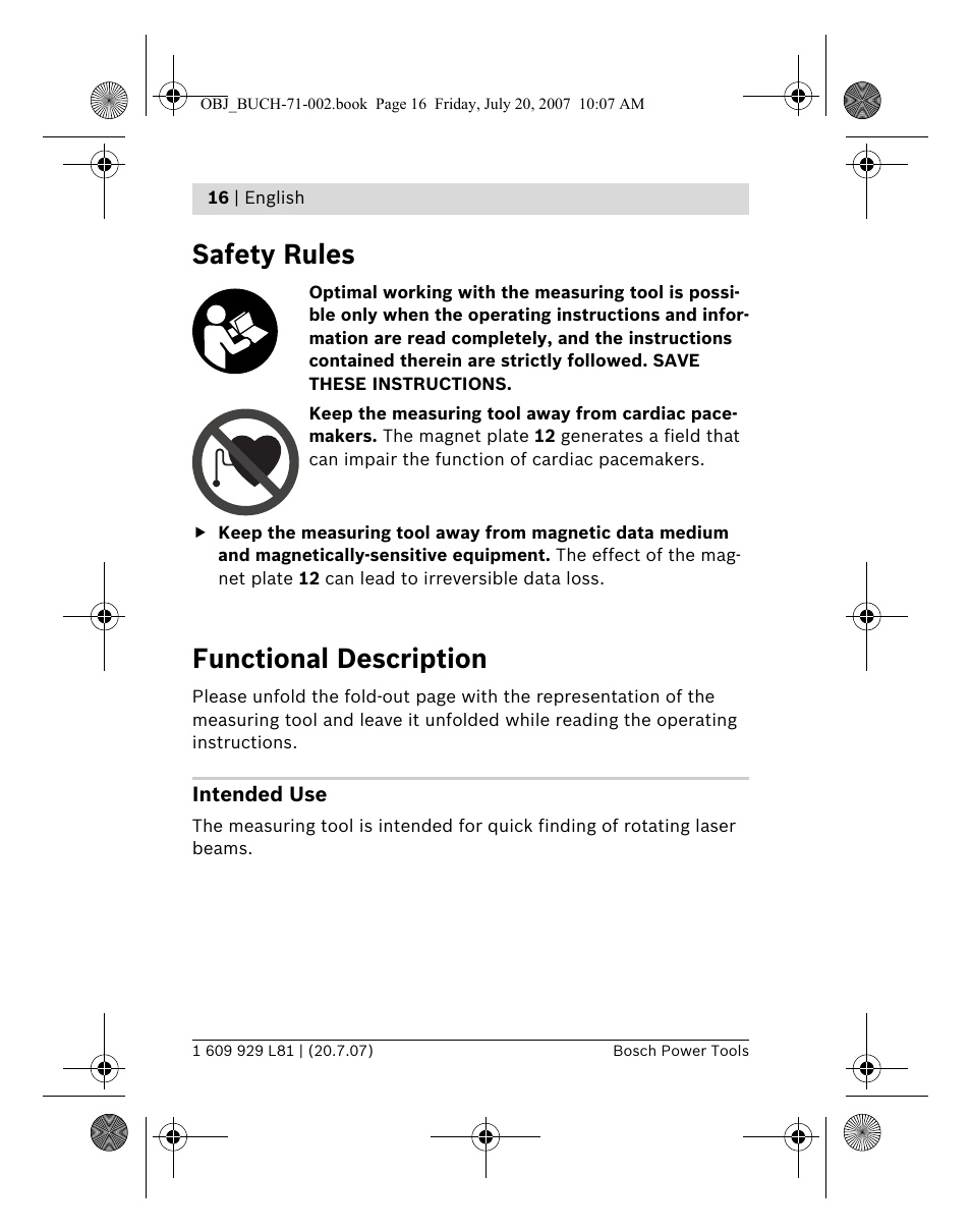 Safety rules, Functional description | Bosch BLE 200 Professional User Manual | Page 16 / 267