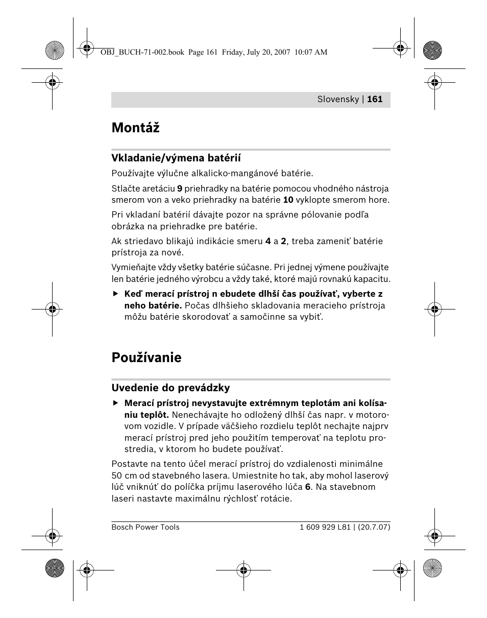 Montáž, Používanie | Bosch BLE 200 Professional User Manual | Page 161 / 267