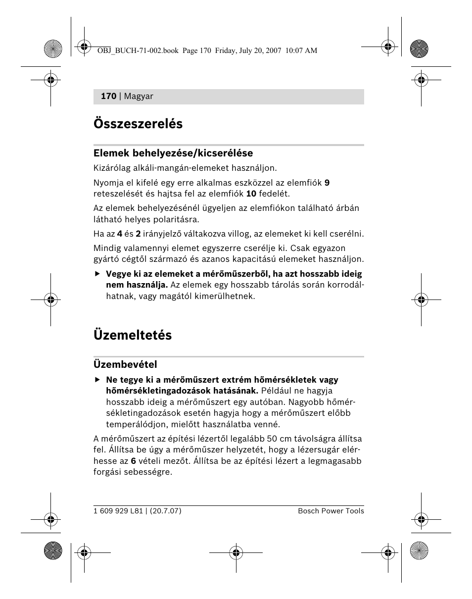Összeszerelés, Üzemeltetés | Bosch BLE 200 Professional User Manual | Page 170 / 267