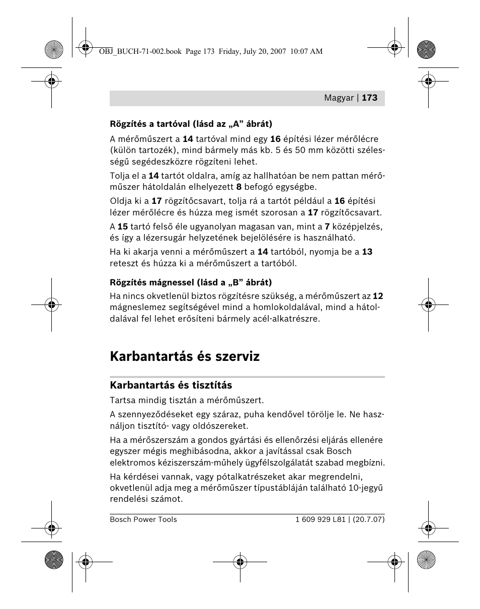 Karbantartás és szerviz | Bosch BLE 200 Professional User Manual | Page 173 / 267