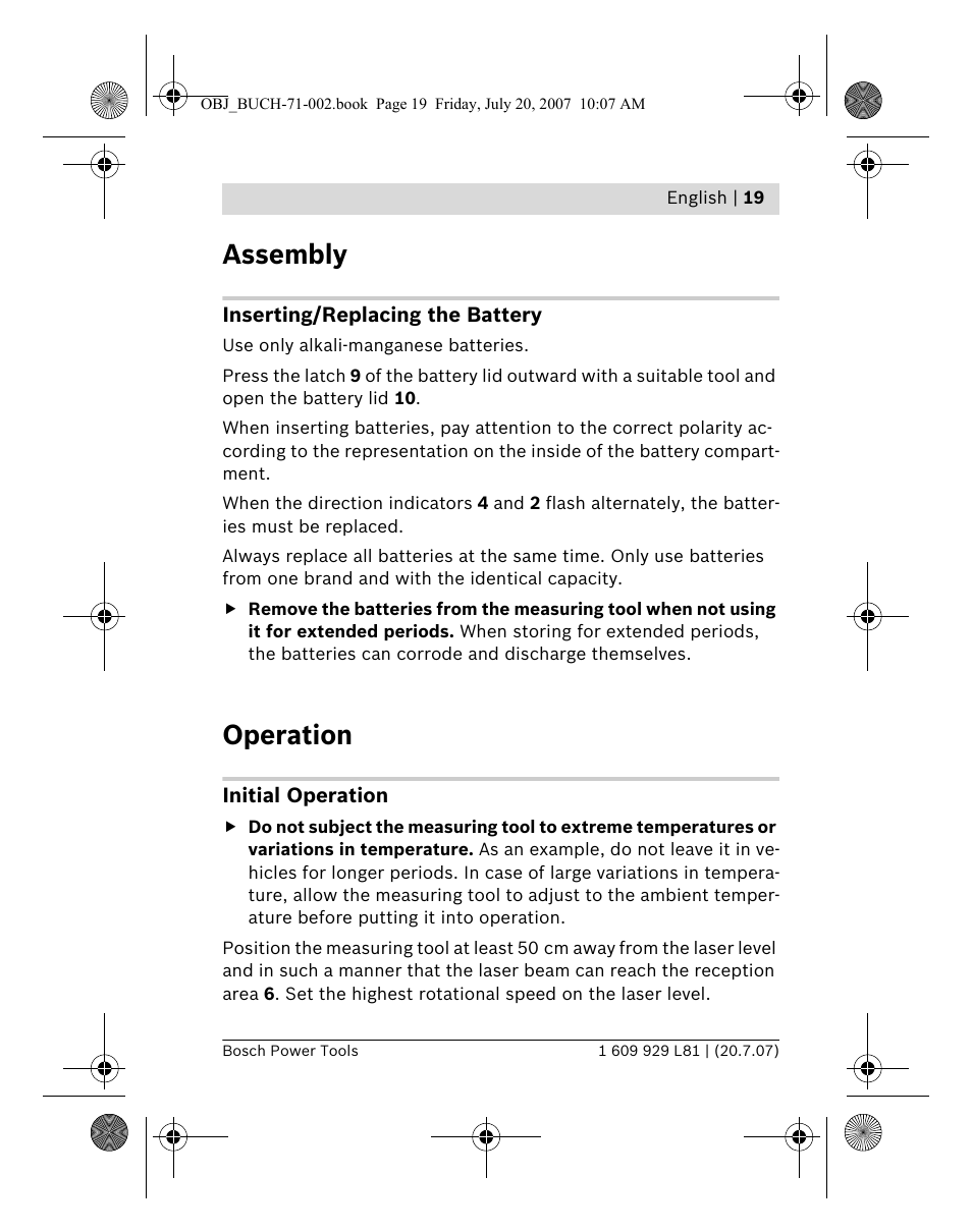 Assembly, Operation | Bosch BLE 200 Professional User Manual | Page 19 / 267