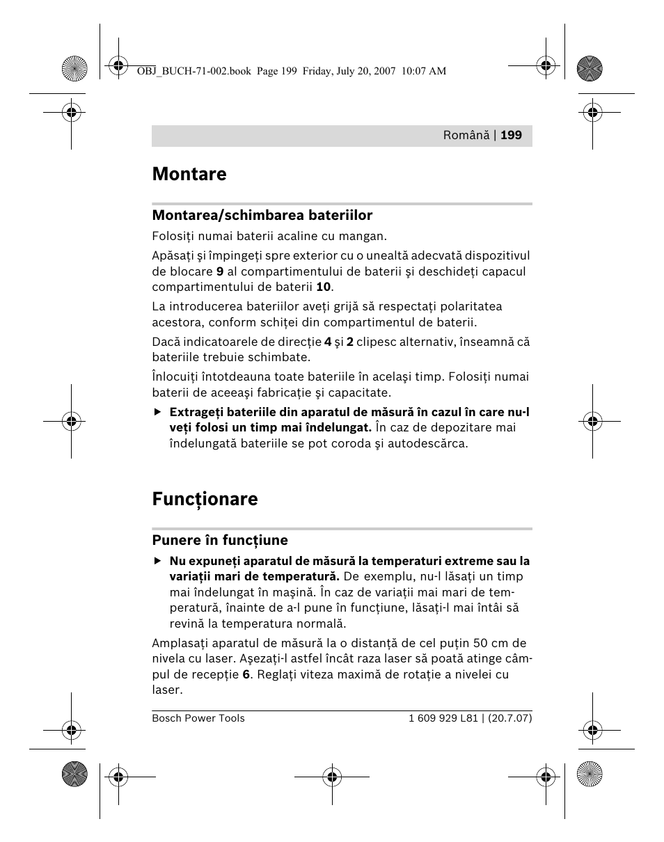 Montare, Funcţionare | Bosch BLE 200 Professional User Manual | Page 199 / 267