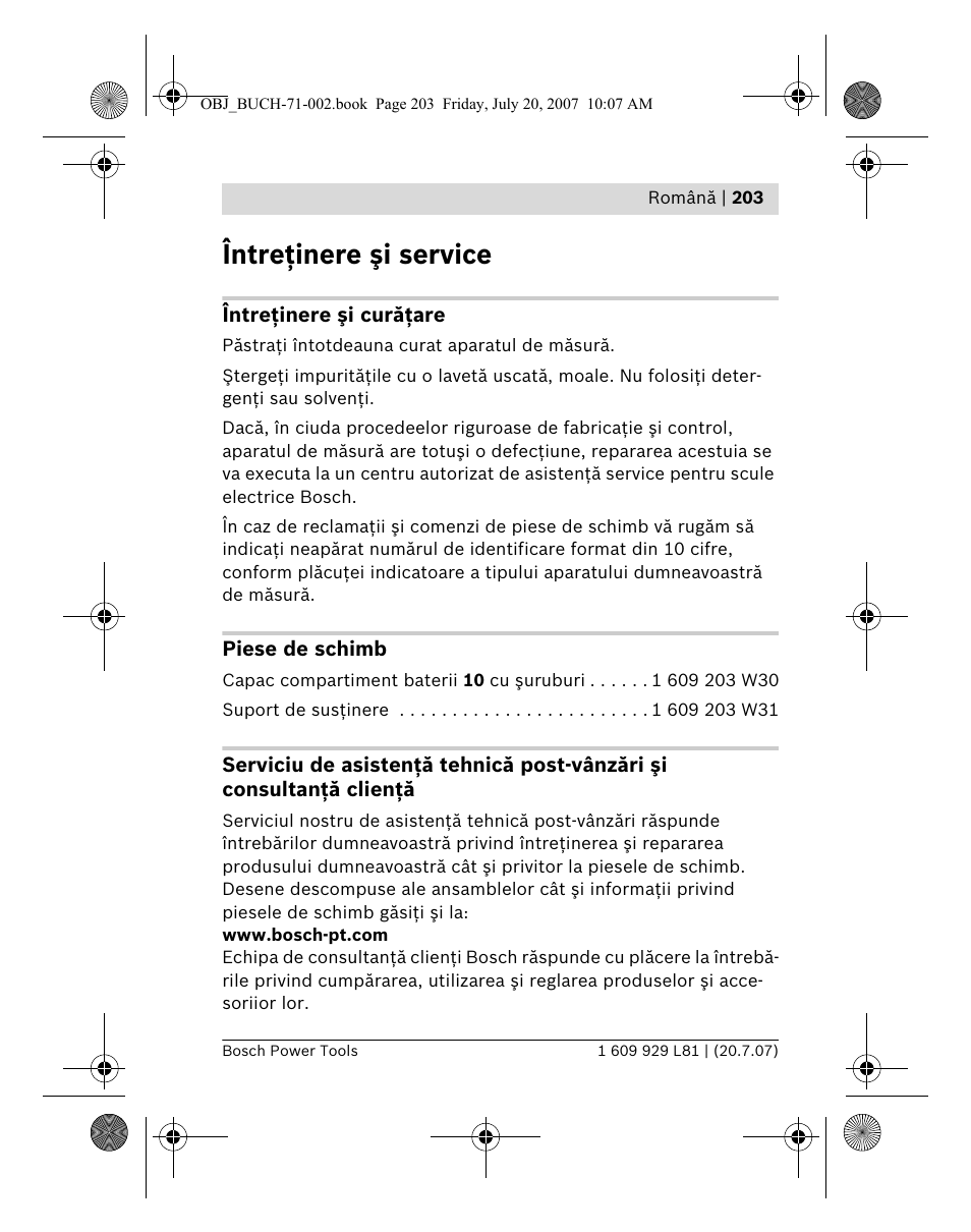 Întreţinere şi service | Bosch BLE 200 Professional User Manual | Page 203 / 267