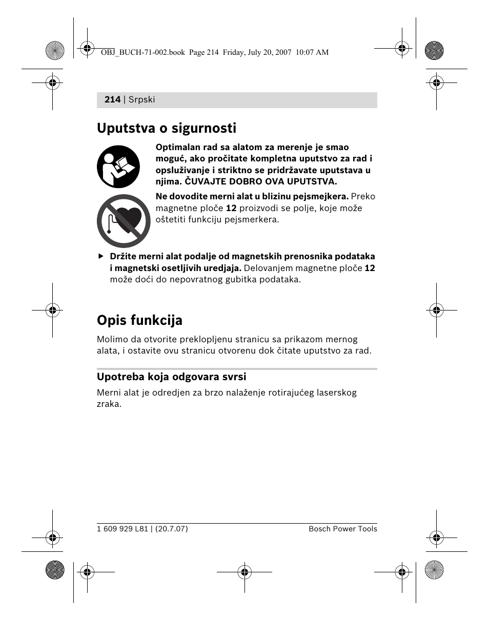 Uputstva o sigurnosti, Opis funkcija | Bosch BLE 200 Professional User Manual | Page 214 / 267