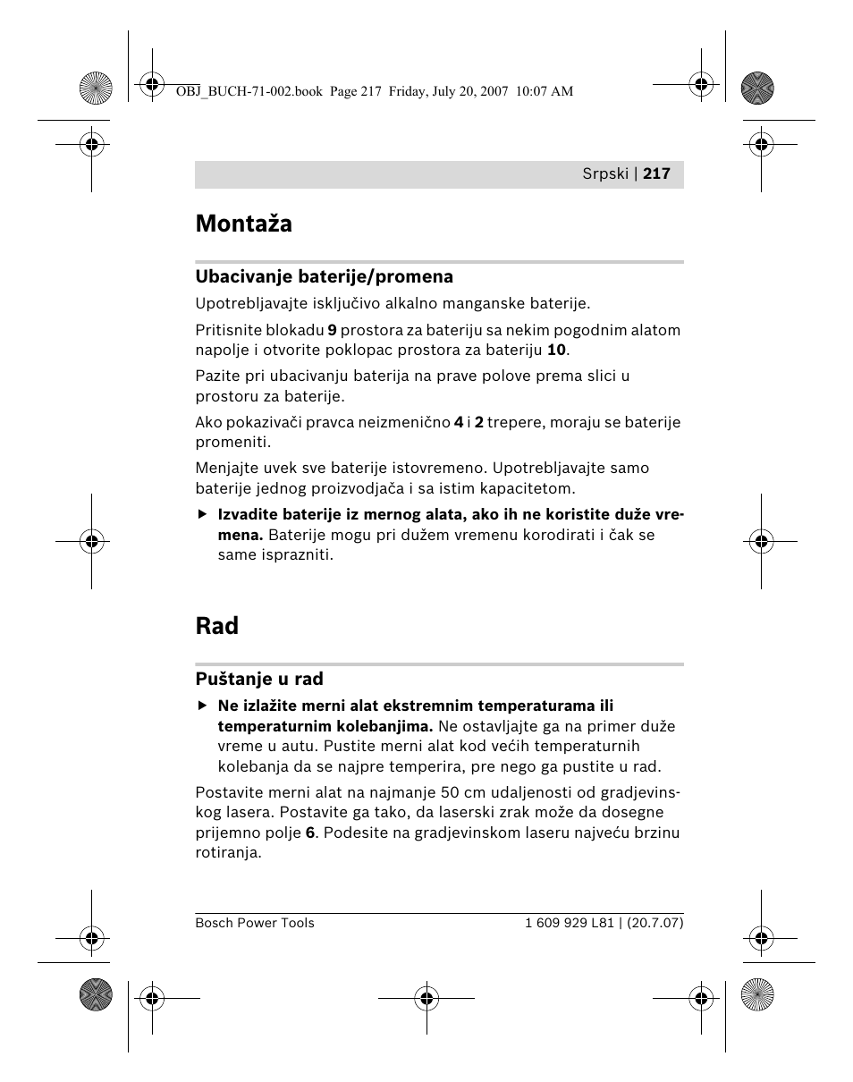 Montaža | Bosch BLE 200 Professional User Manual | Page 217 / 267