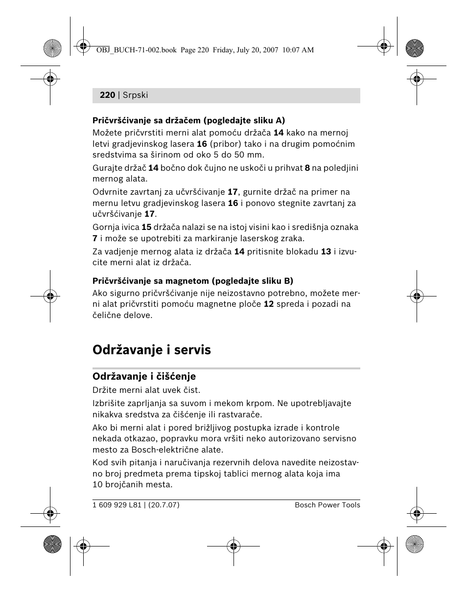 Održavanje i servis | Bosch BLE 200 Professional User Manual | Page 220 / 267