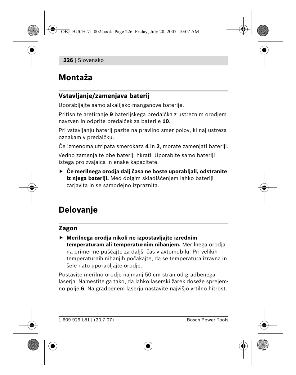 Montaža, Delovanje | Bosch BLE 200 Professional User Manual | Page 226 / 267