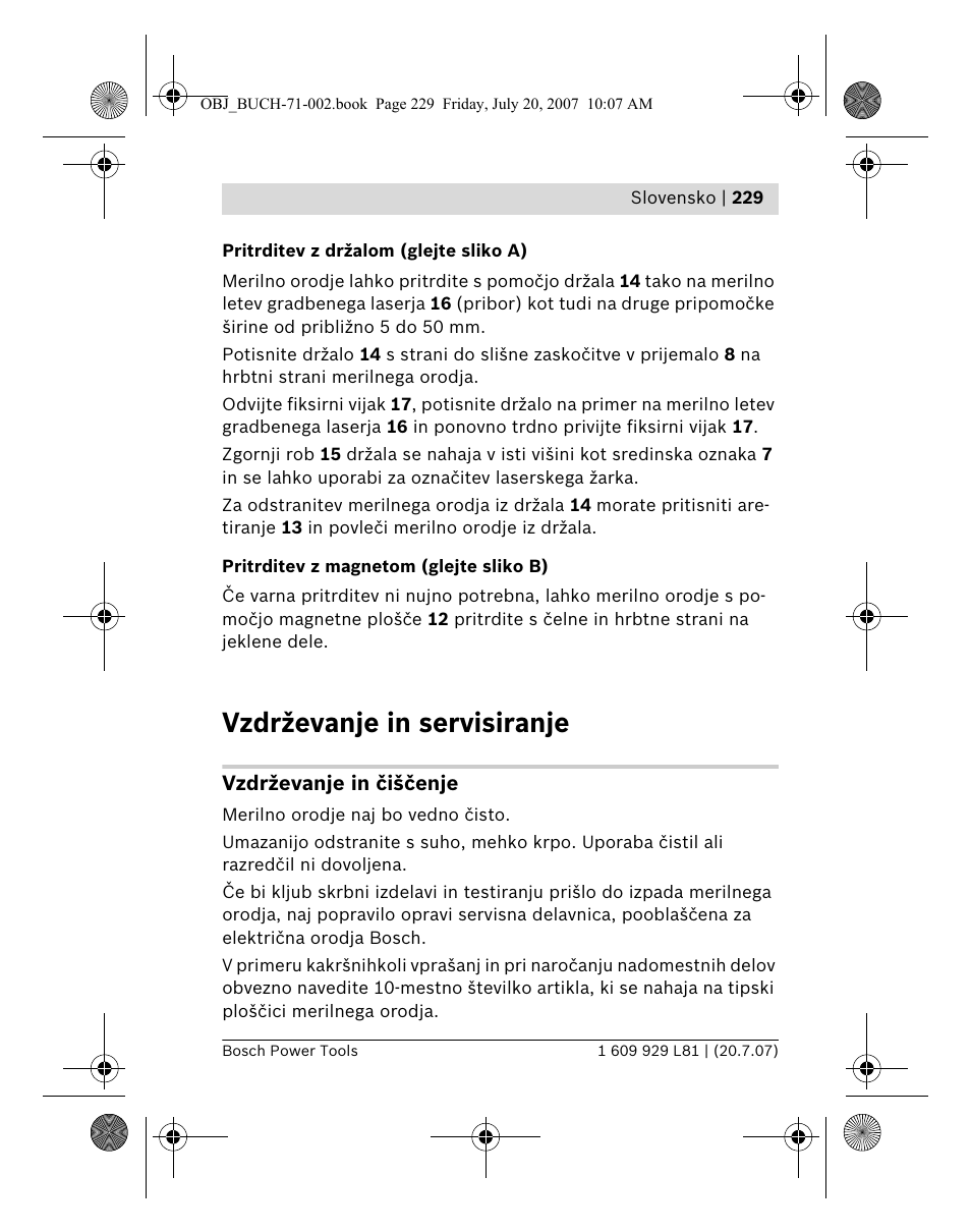 Vzdrževanje in servisiranje | Bosch BLE 200 Professional User Manual | Page 229 / 267