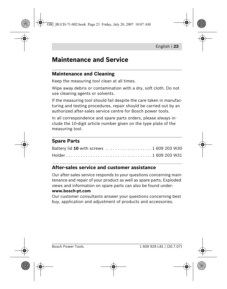 Maintenance and service | Bosch BLE 200 Professional User Manual | Page 23 / 267