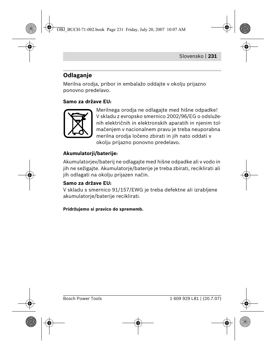 Odlaganje | Bosch BLE 200 Professional User Manual | Page 231 / 267