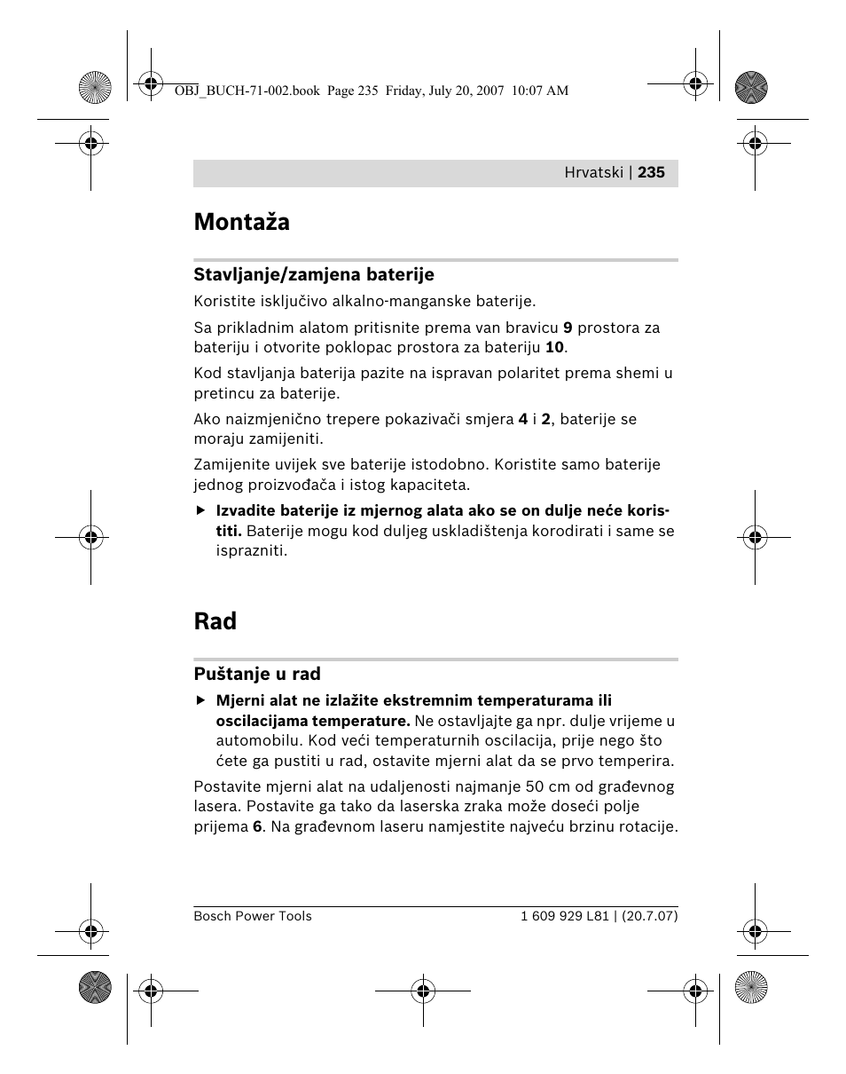 Montaža | Bosch BLE 200 Professional User Manual | Page 235 / 267