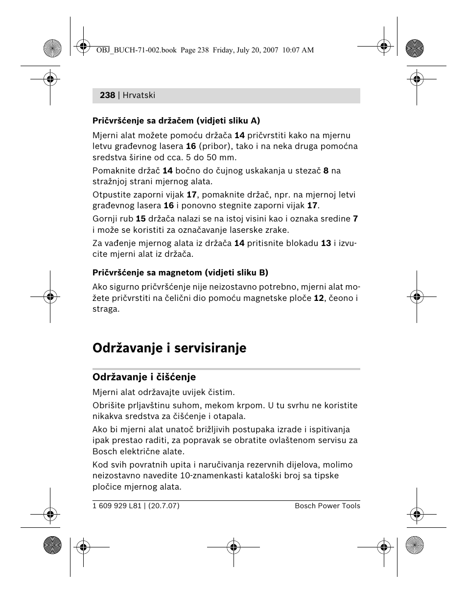 Održavanje i servisiranje | Bosch BLE 200 Professional User Manual | Page 238 / 267