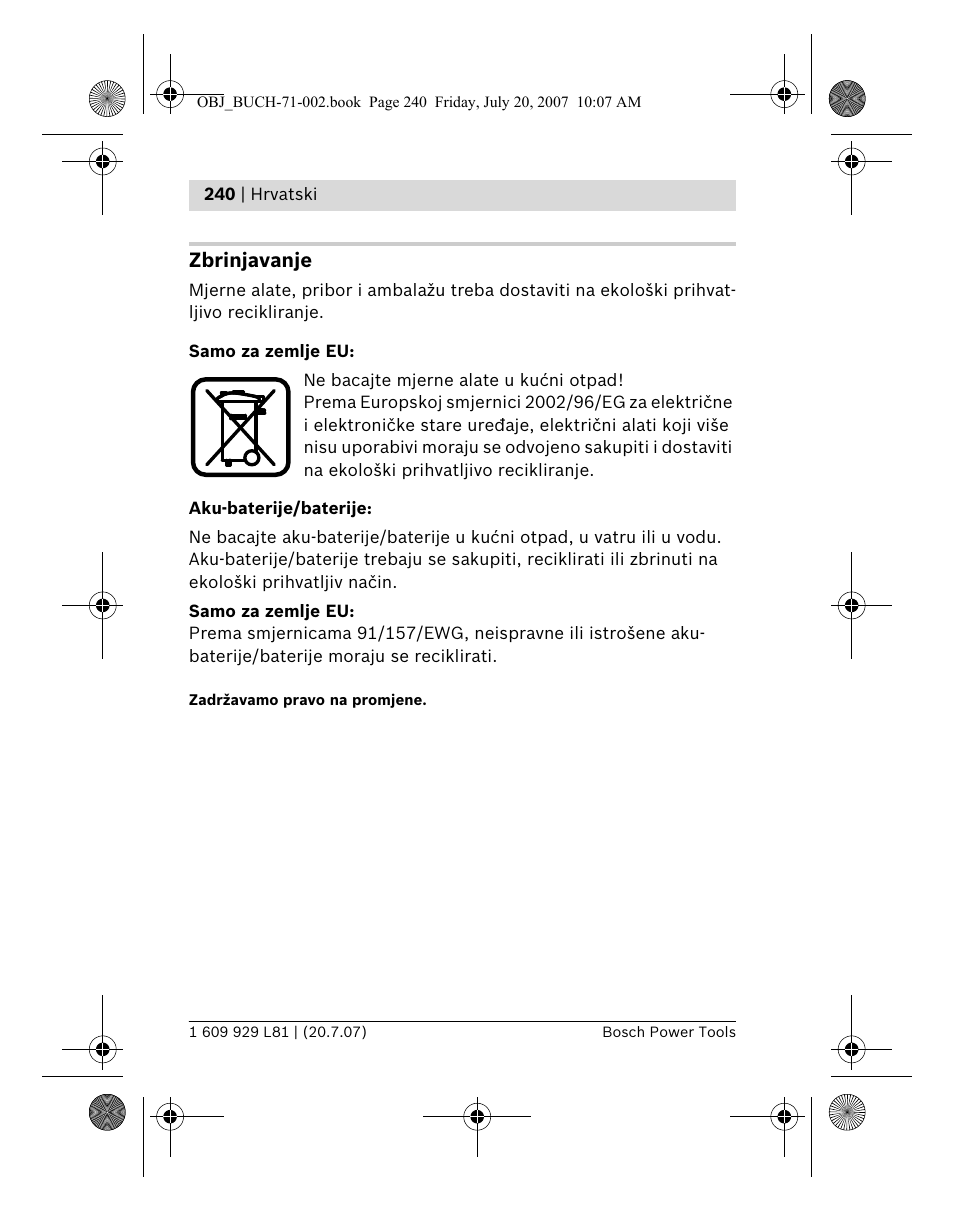 Zbrinjavanje | Bosch BLE 200 Professional User Manual | Page 240 / 267