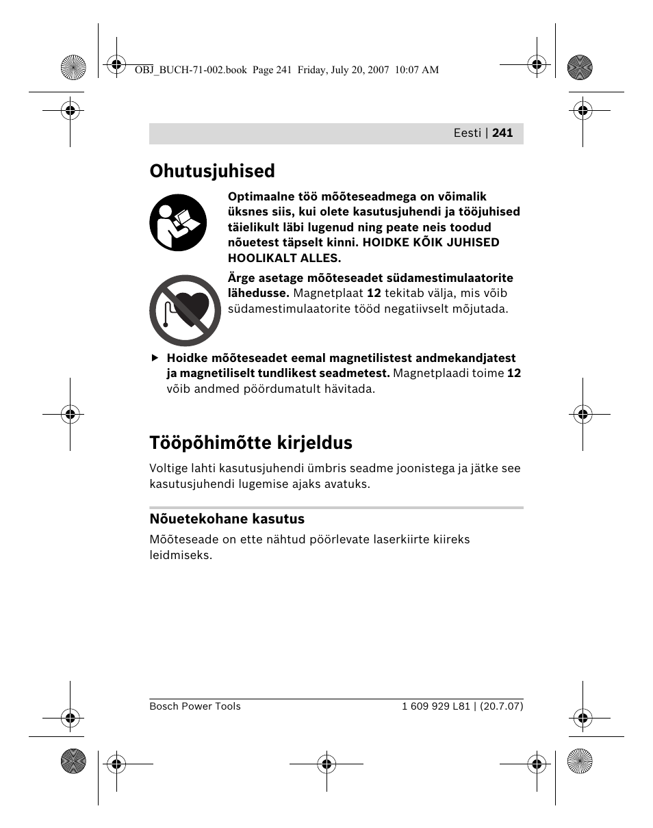 Ohutusjuhised, Tööpõhimõtte kirjeldus | Bosch BLE 200 Professional User Manual | Page 241 / 267