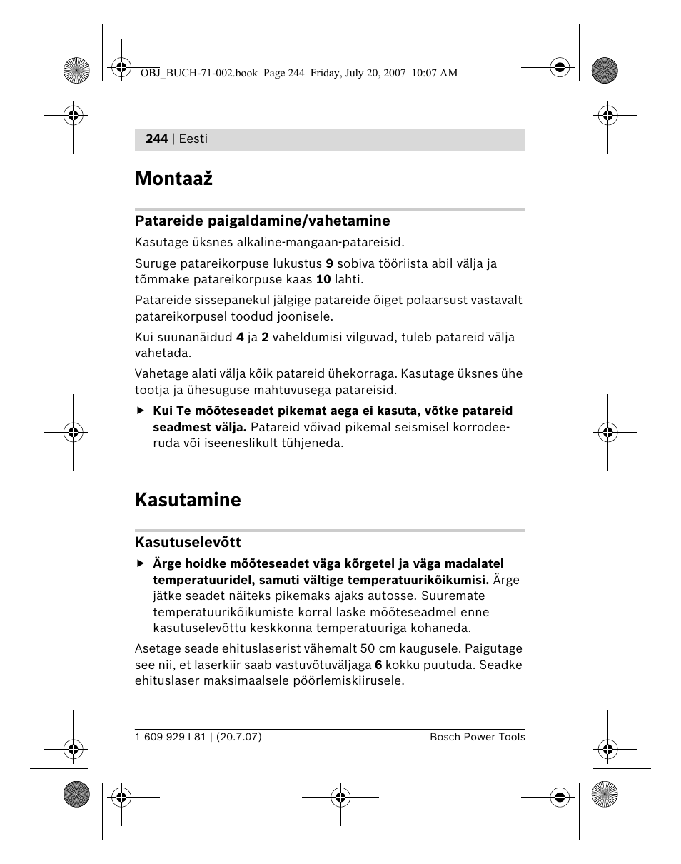 Montaaž, Kasutamine | Bosch BLE 200 Professional User Manual | Page 244 / 267