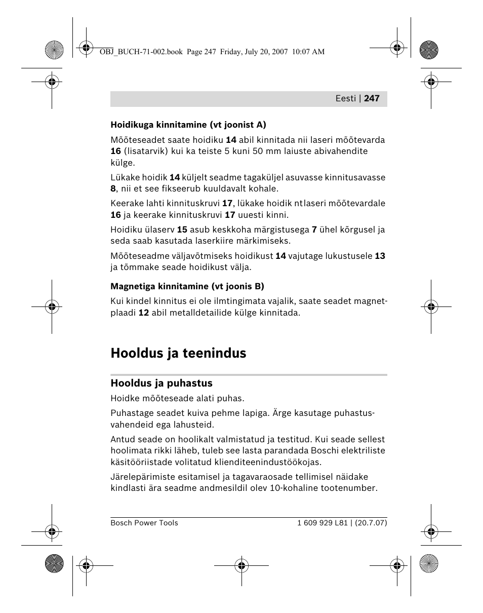 Hooldus ja teenindus | Bosch BLE 200 Professional User Manual | Page 247 / 267