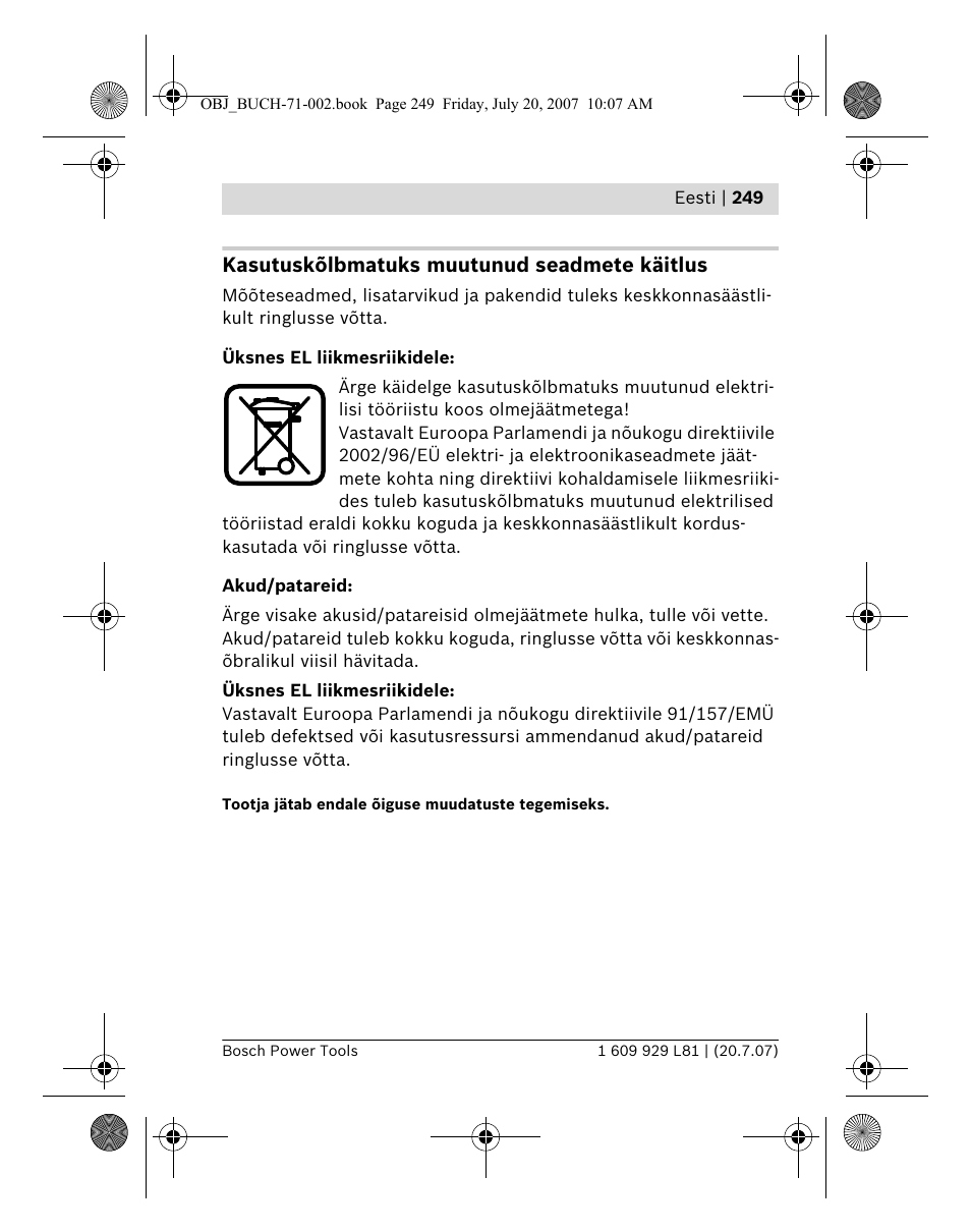 Kasutuskõlbmatuks muutunud seadmete käitlus | Bosch BLE 200 Professional User Manual | Page 249 / 267