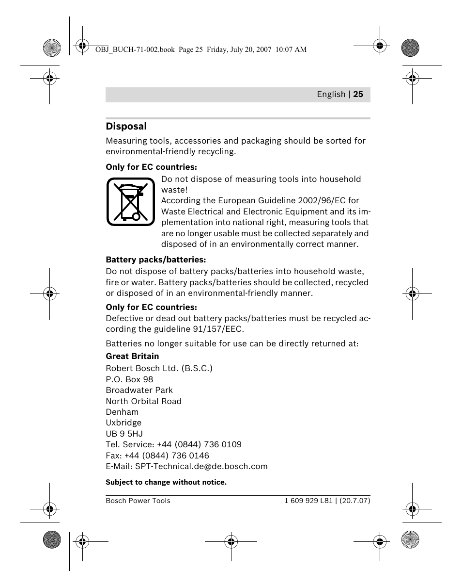 Disposal | Bosch BLE 200 Professional User Manual | Page 25 / 267