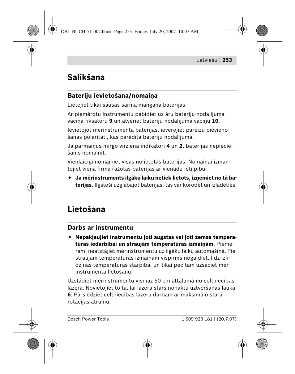 Salikšana, Lietošana | Bosch BLE 200 Professional User Manual | Page 253 / 267