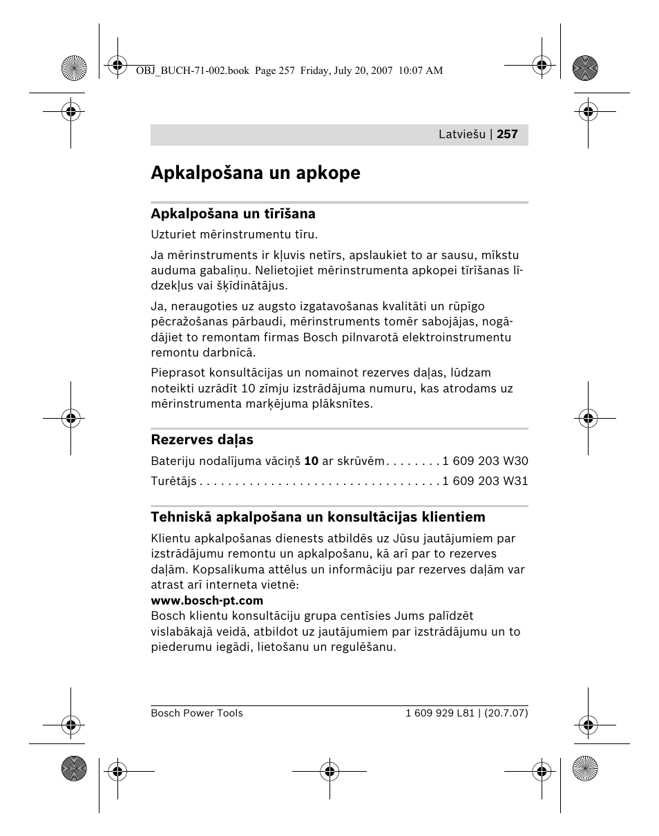 Apkalpošana un apkope | Bosch BLE 200 Professional User Manual | Page 257 / 267