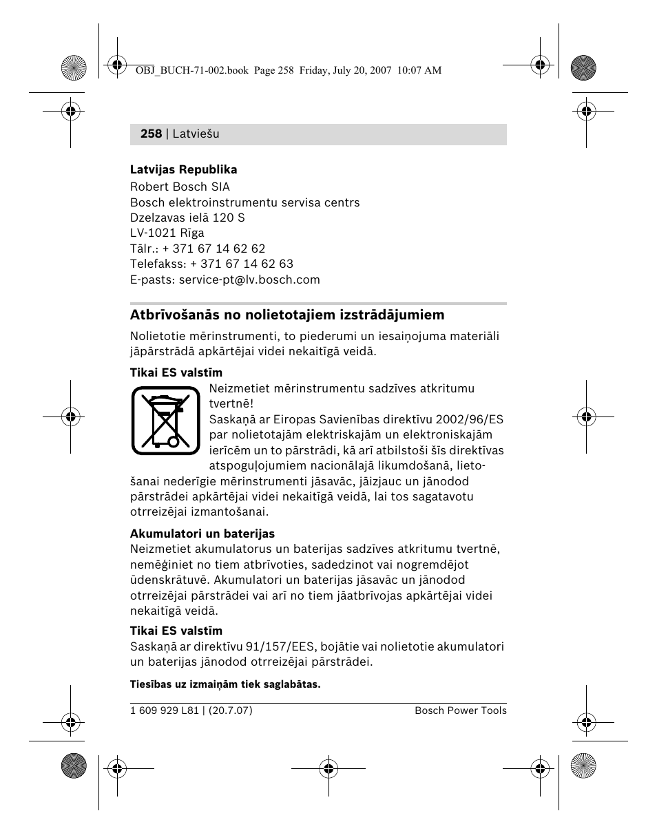 Atbrīvošanās no nolietotajiem izstrādājumiem | Bosch BLE 200 Professional User Manual | Page 258 / 267