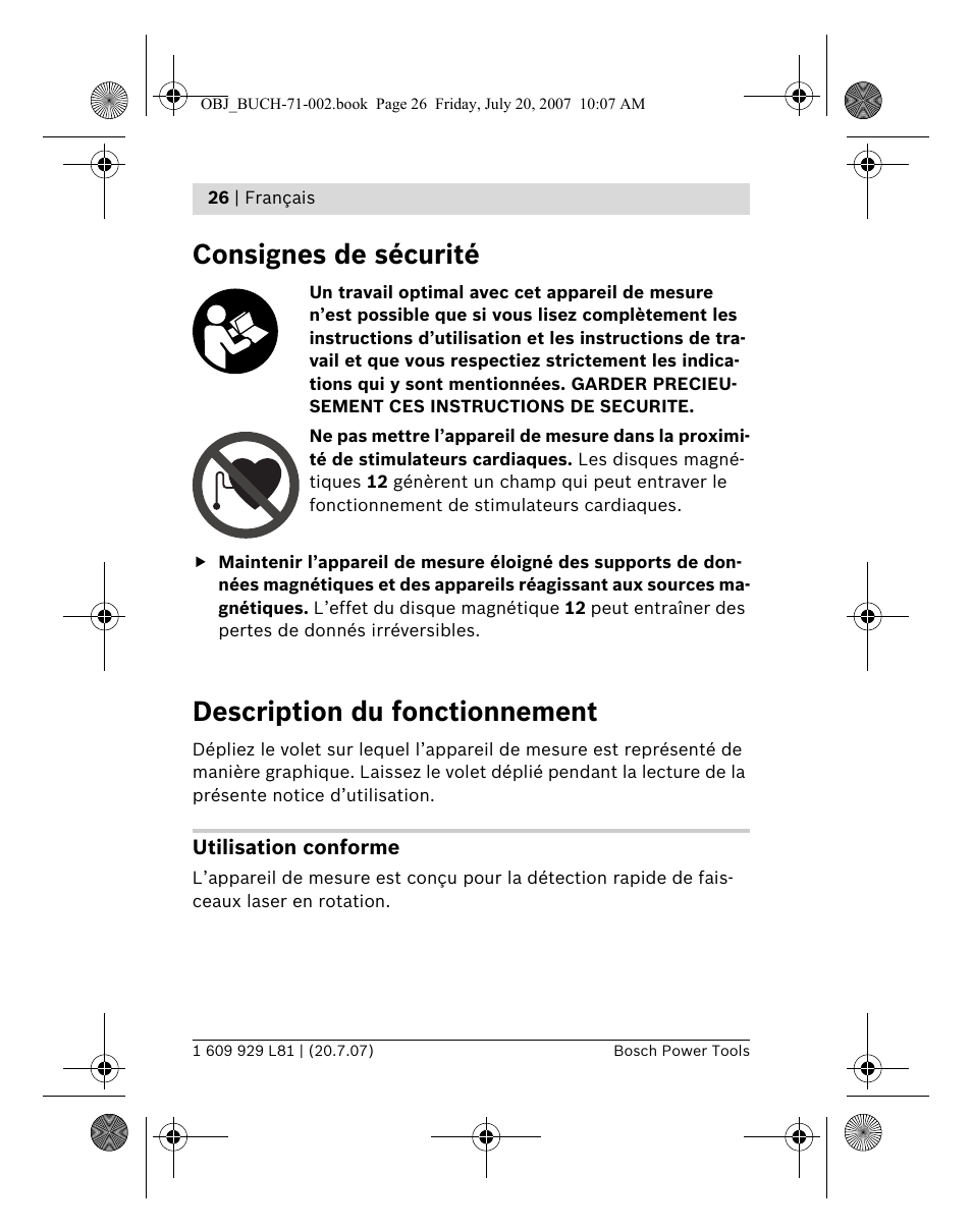 Consignes de sécurité, Description du fonctionnement | Bosch BLE 200 Professional User Manual | Page 26 / 267