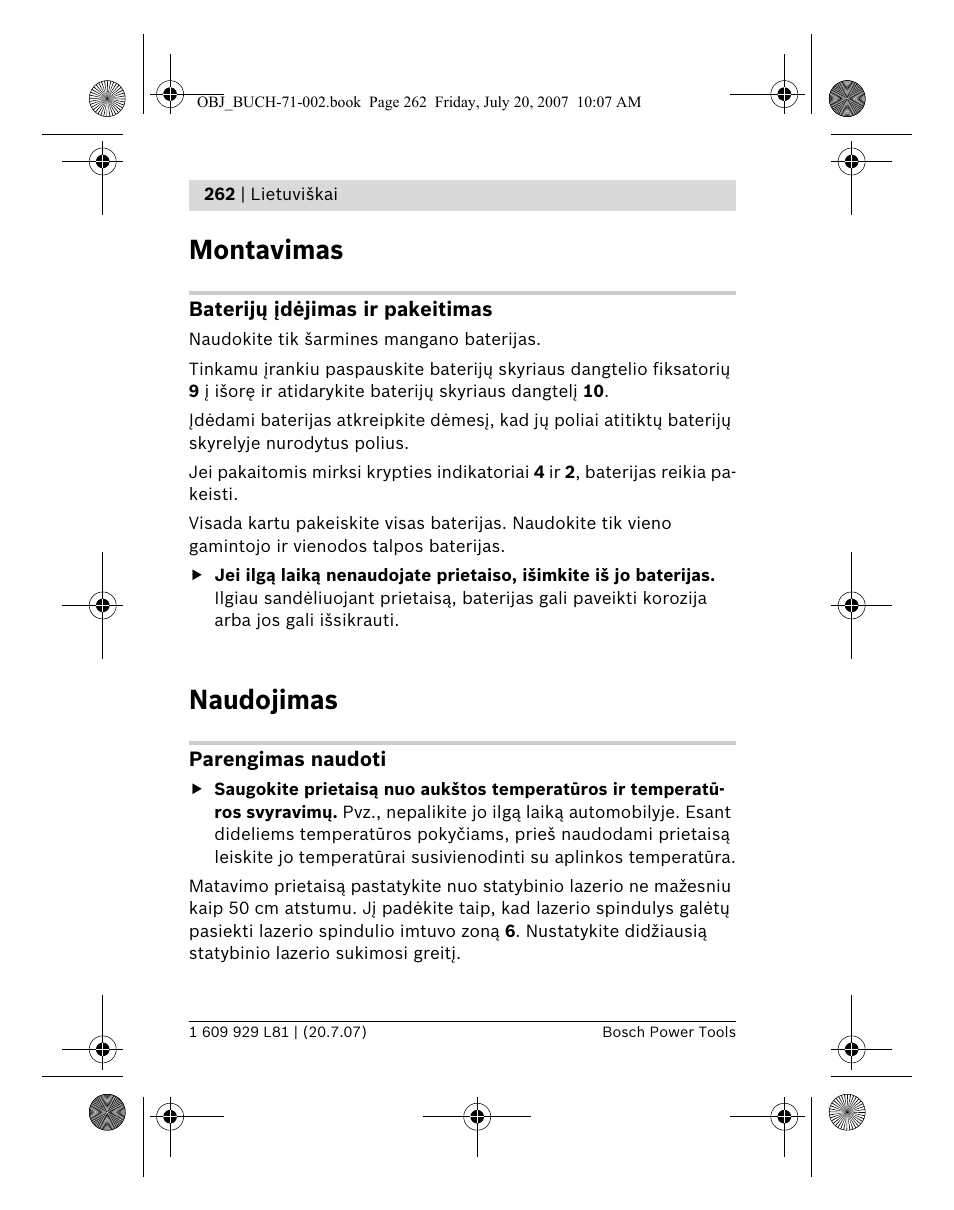 Montavimas, Naudojimas | Bosch BLE 200 Professional User Manual | Page 262 / 267