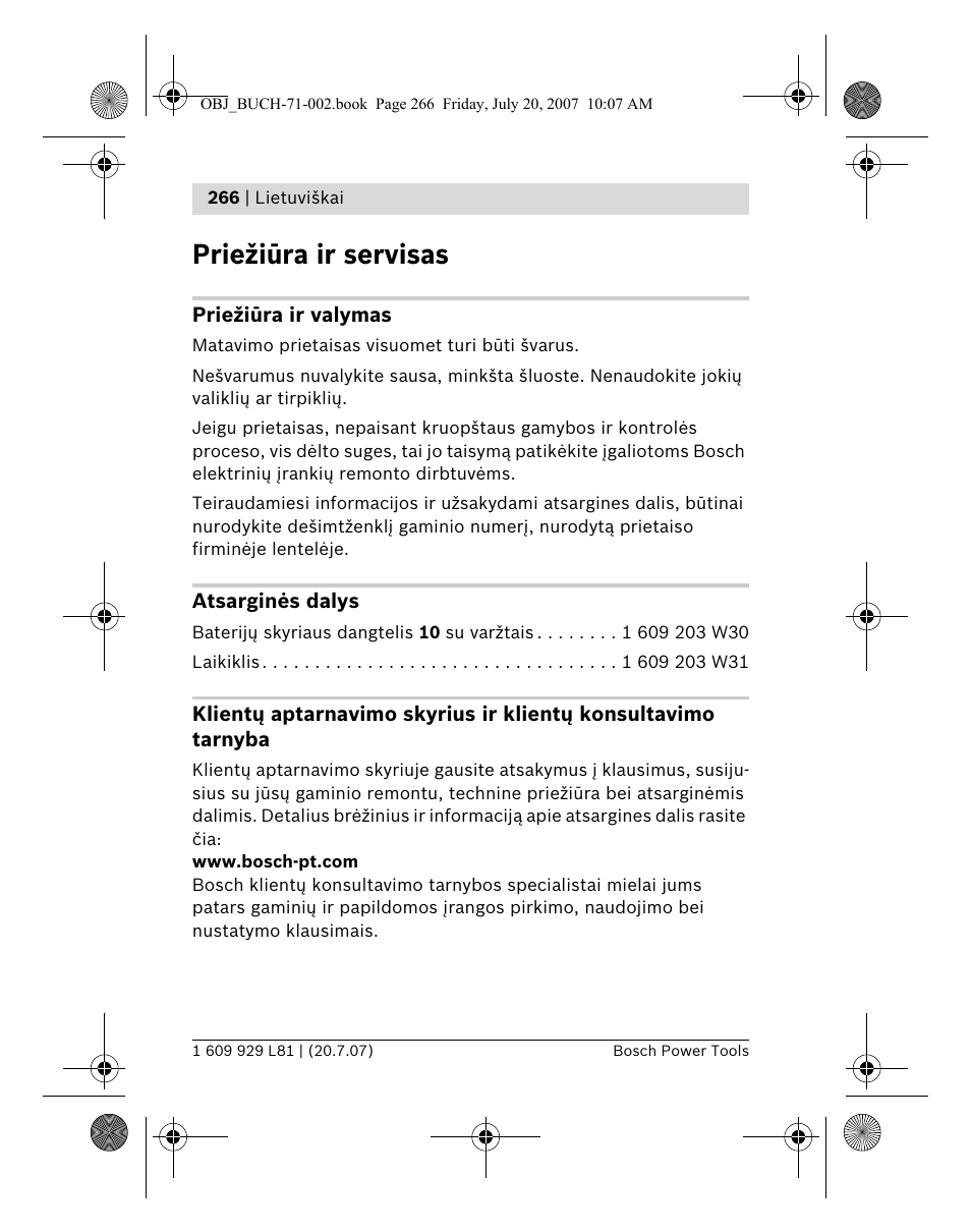 Priežiūra ir servisas | Bosch BLE 200 Professional User Manual | Page 266 / 267