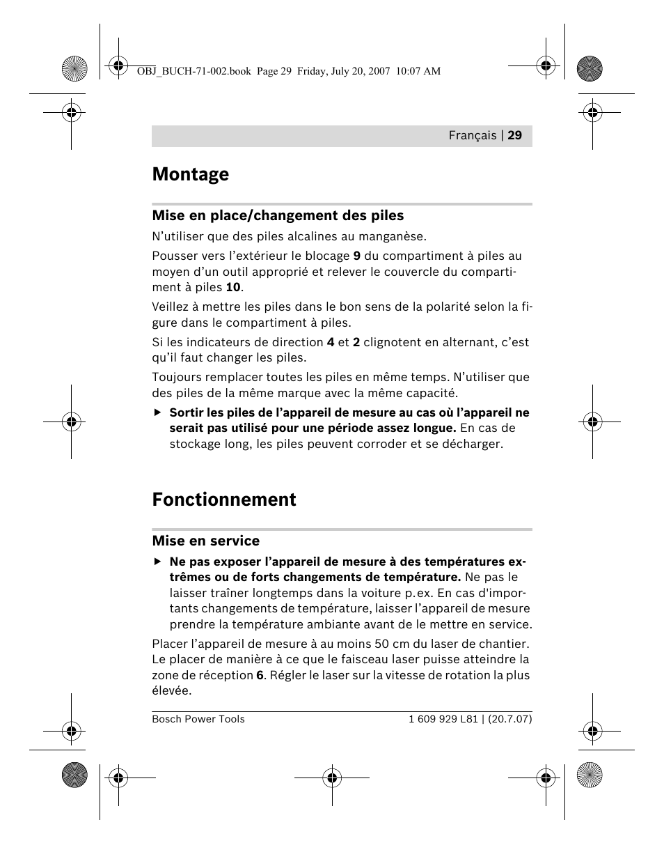 Montage, Fonctionnement | Bosch BLE 200 Professional User Manual | Page 29 / 267