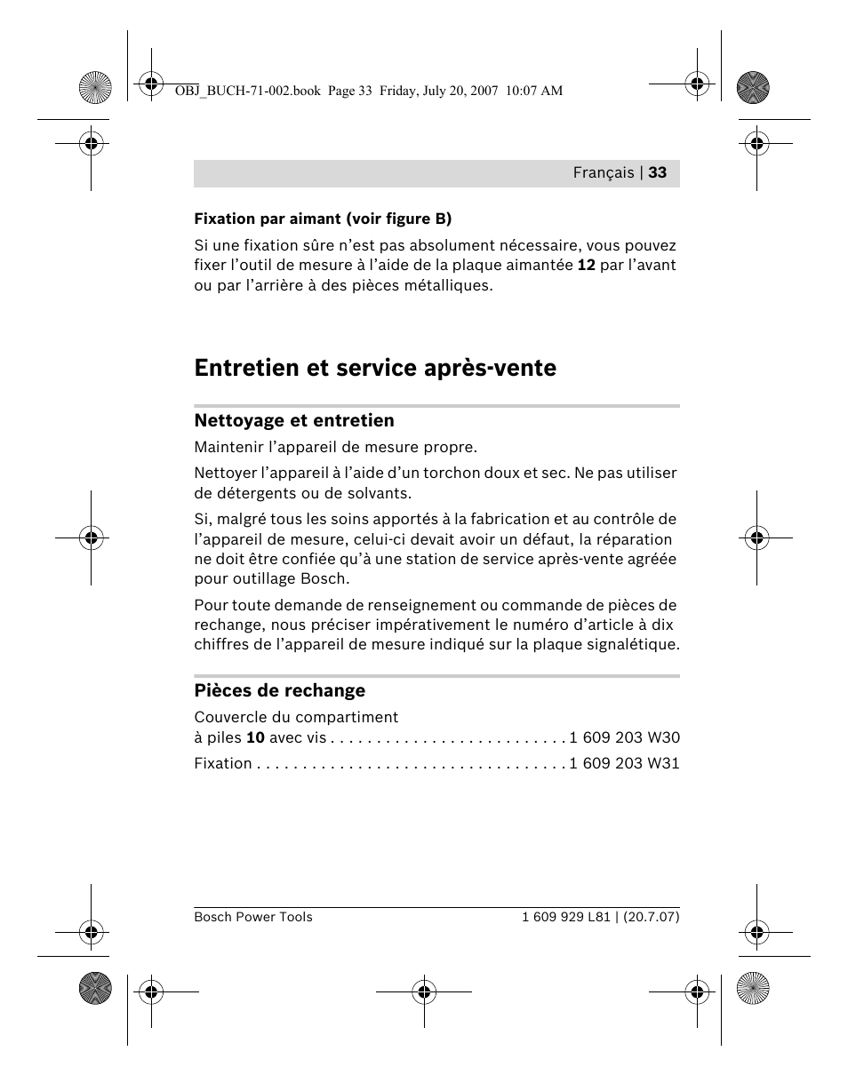 Entretien et service après-vente | Bosch BLE 200 Professional User Manual | Page 33 / 267