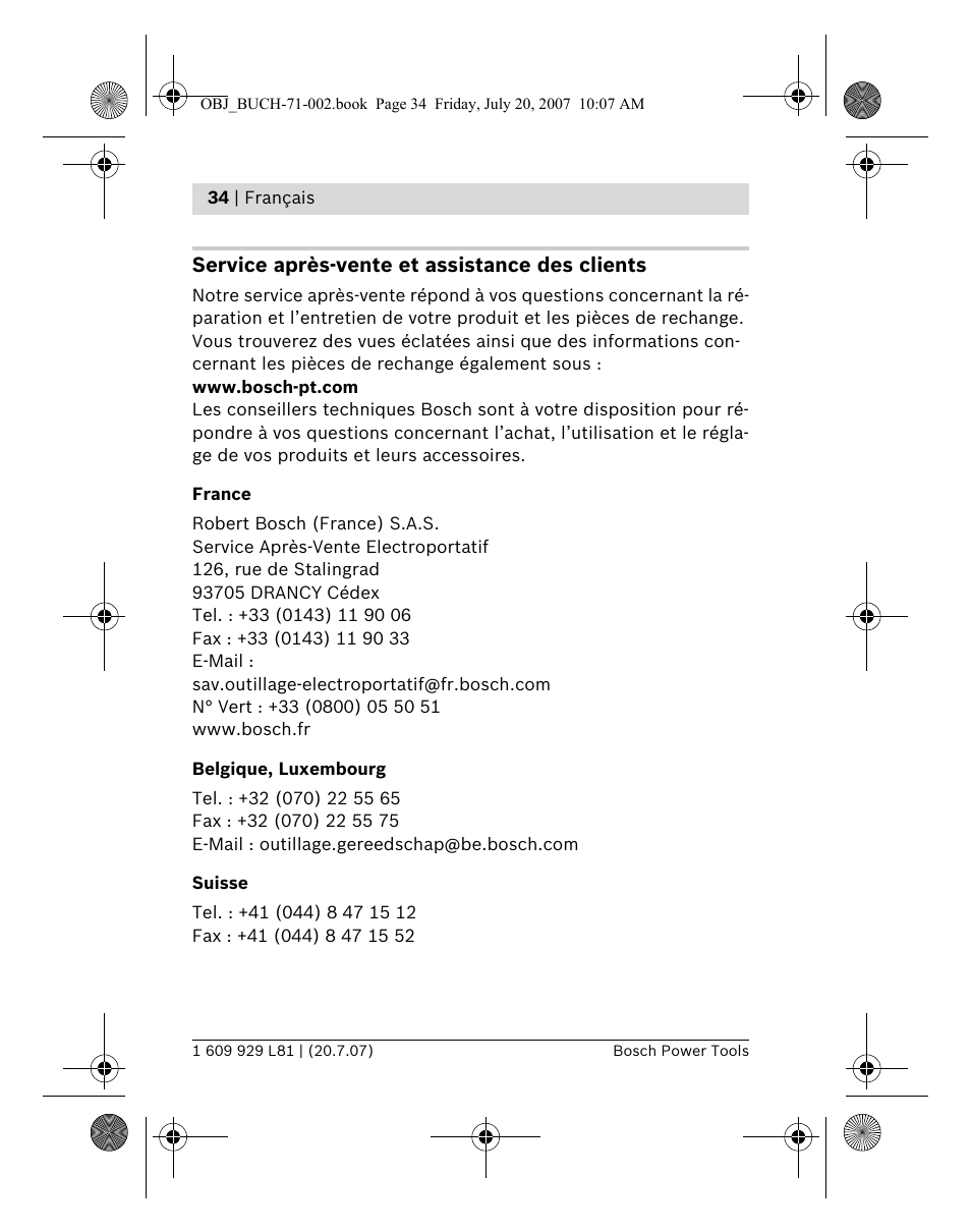 Service après-vente et assistance des clients | Bosch BLE 200 Professional User Manual | Page 34 / 267