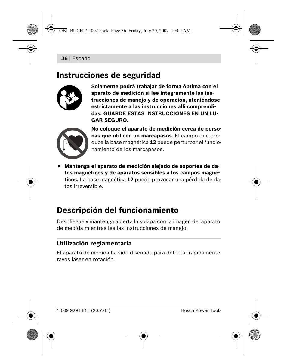 Instrucciones de seguridad, Descripción del funcionamiento | Bosch BLE 200 Professional User Manual | Page 36 / 267