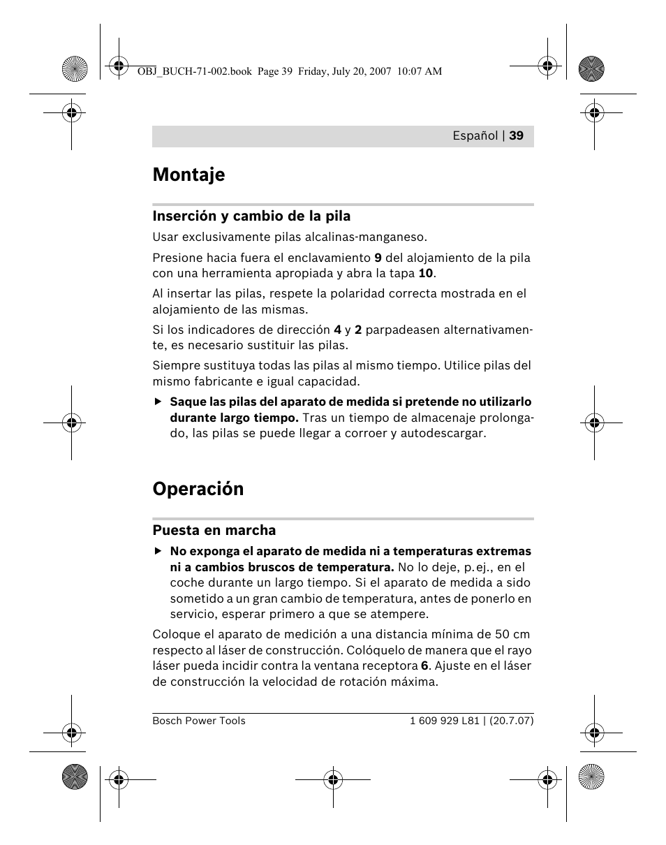 Montaje, Operación | Bosch BLE 200 Professional User Manual | Page 39 / 267