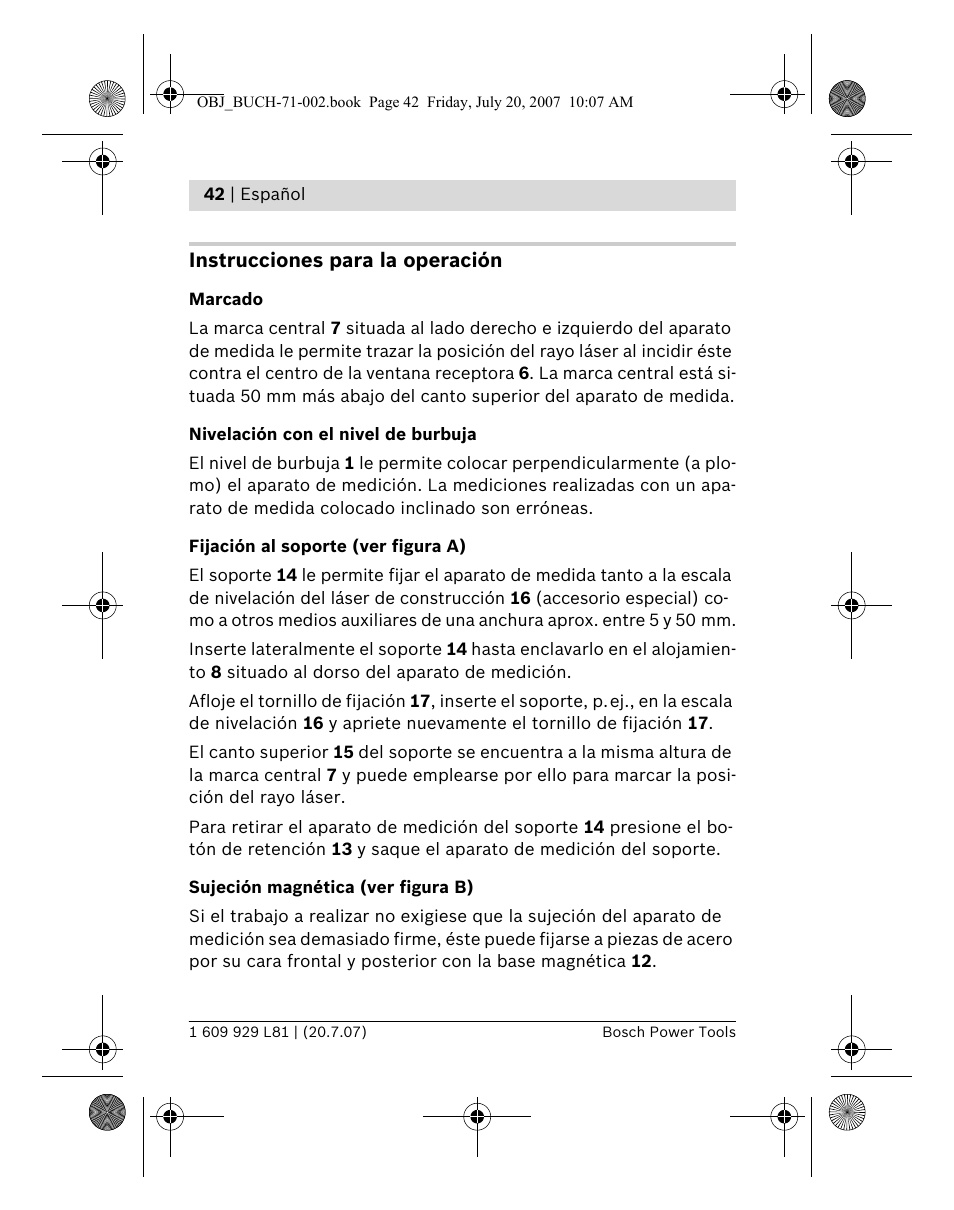 Instrucciones para la operación | Bosch BLE 200 Professional User Manual | Page 42 / 267