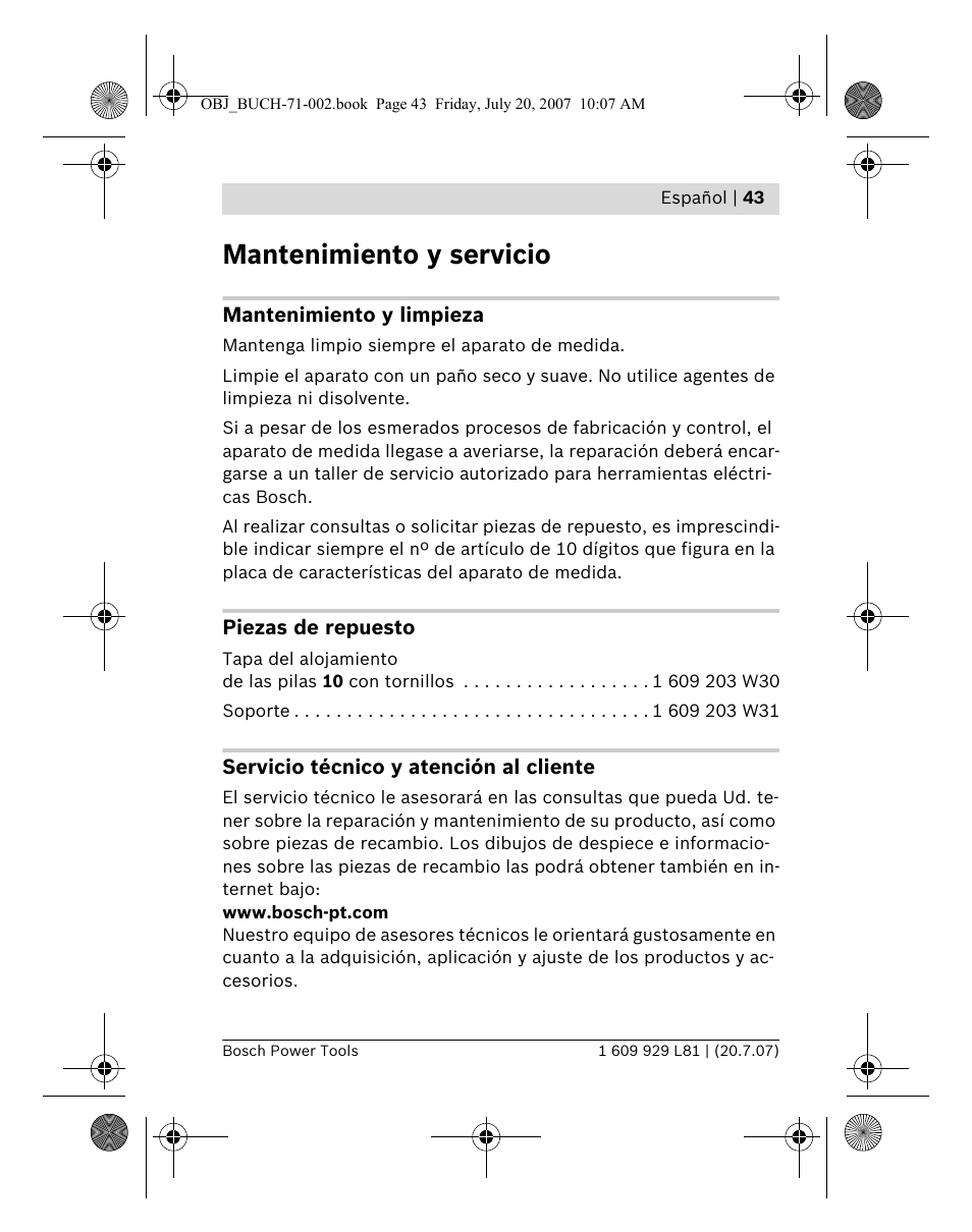 Mantenimiento y servicio | Bosch BLE 200 Professional User Manual | Page 43 / 267