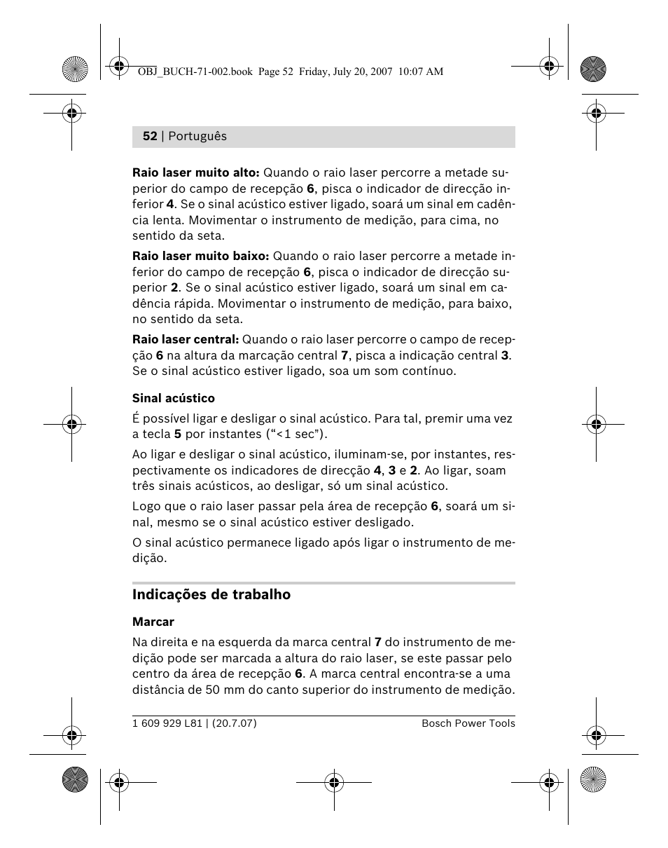 Indicações de trabalho | Bosch BLE 200 Professional User Manual | Page 52 / 267