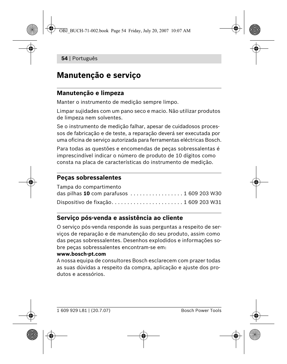 Manutenção e serviço | Bosch BLE 200 Professional User Manual | Page 54 / 267