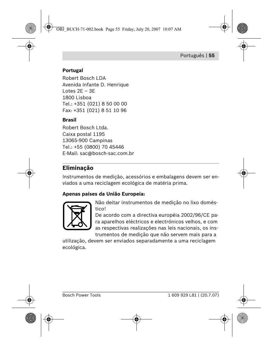 Eliminação | Bosch BLE 200 Professional User Manual | Page 55 / 267