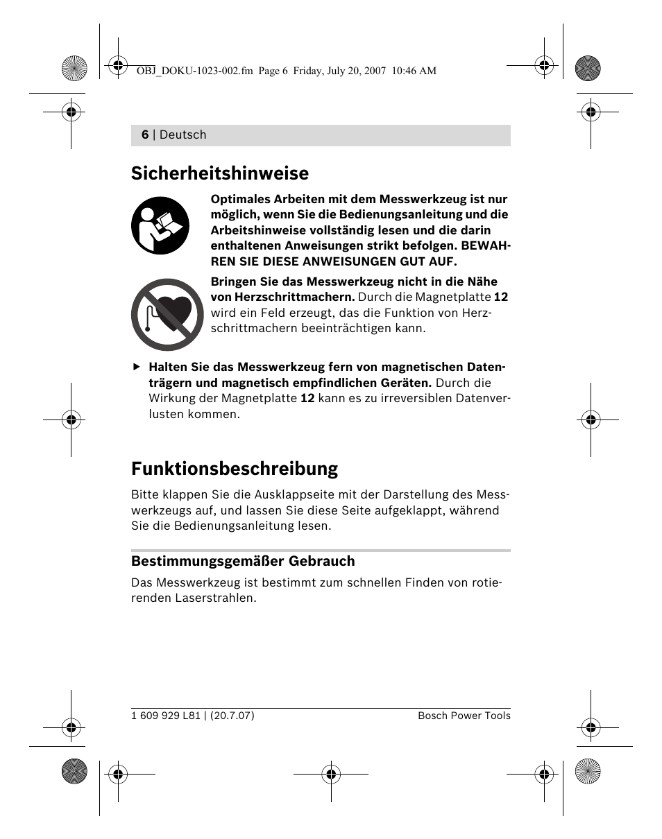 Sicherheitshinweise, Funktionsbeschreibung | Bosch BLE 200 Professional User Manual | Page 6 / 267