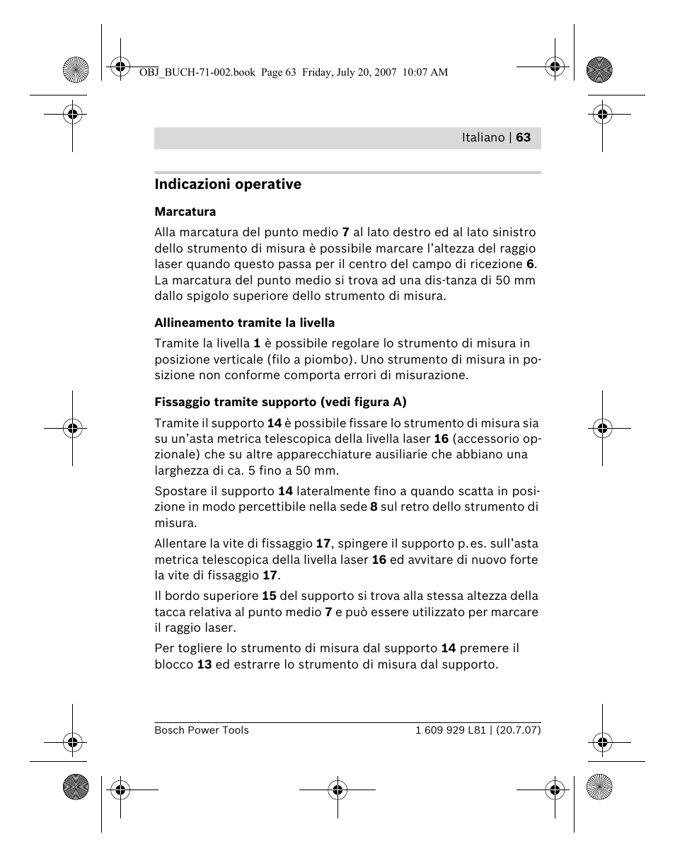 Indicazioni operative | Bosch BLE 200 Professional User Manual | Page 63 / 267