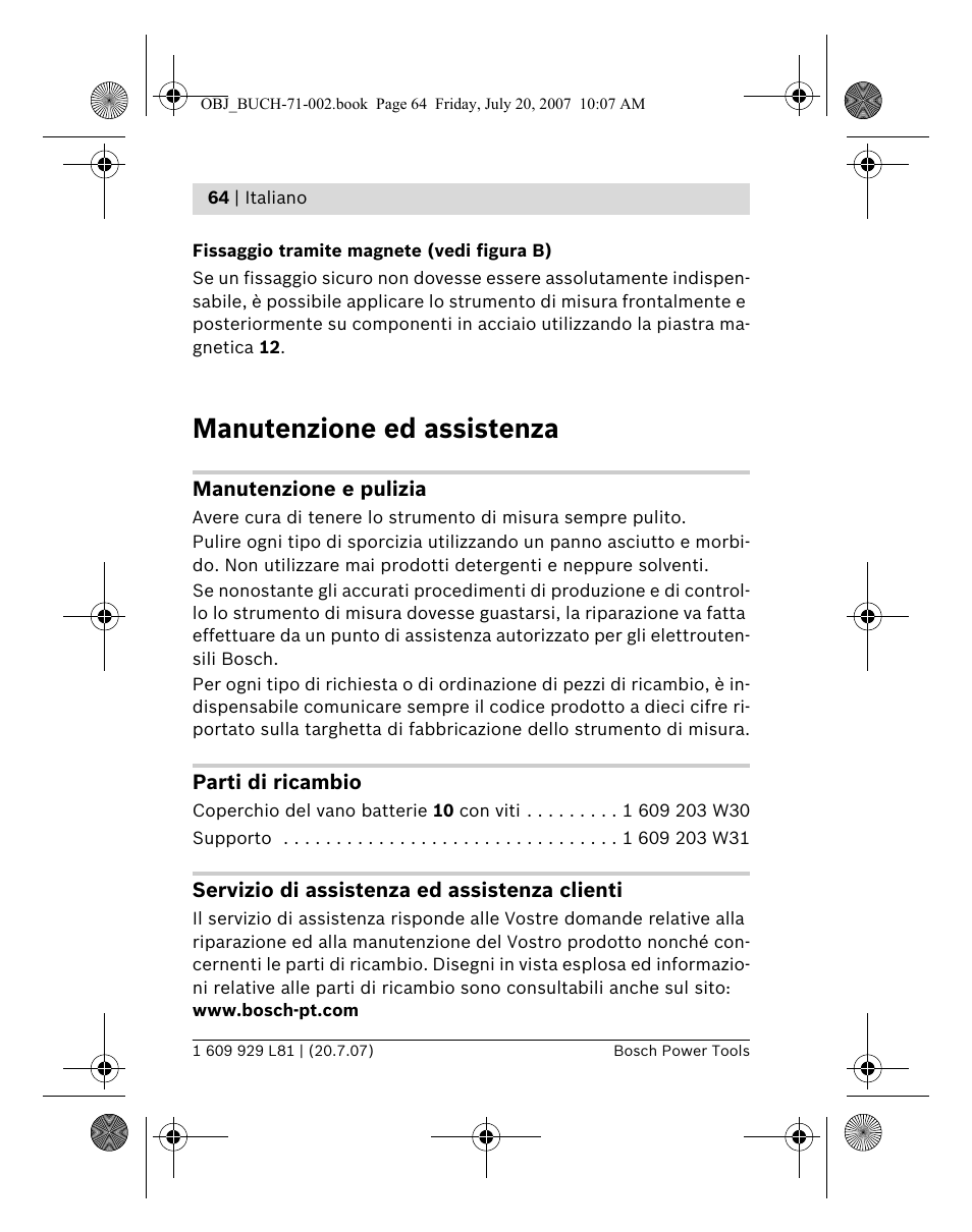 Manutenzione ed assistenza | Bosch BLE 200 Professional User Manual | Page 64 / 267