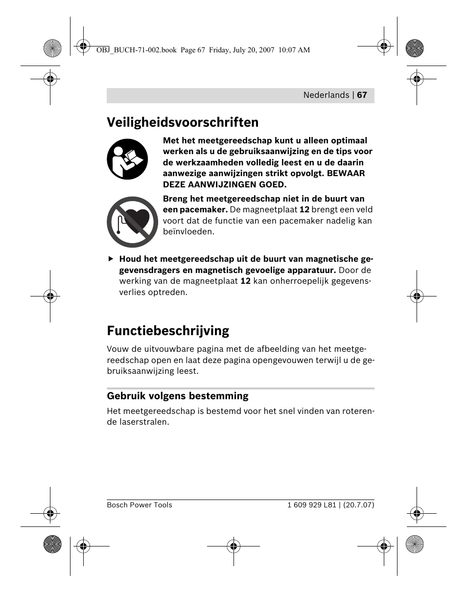 Veiligheidsvoorschriften, Functiebeschrijving | Bosch BLE 200 Professional User Manual | Page 67 / 267