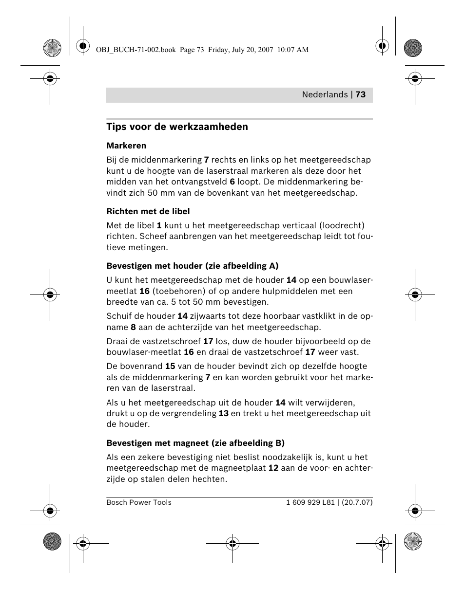 Tips voor de werkzaamheden | Bosch BLE 200 Professional User Manual | Page 73 / 267