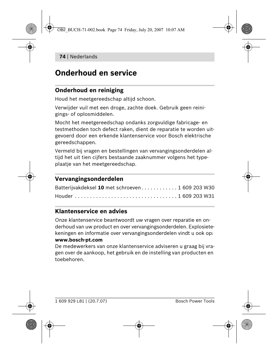 Onderhoud en service | Bosch BLE 200 Professional User Manual | Page 74 / 267