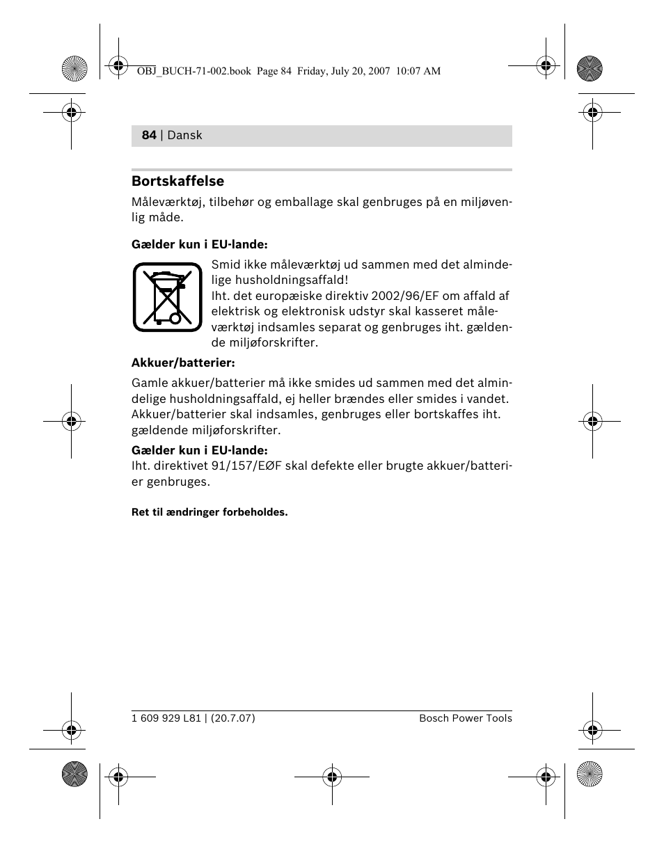 Bortskaffelse | Bosch BLE 200 Professional User Manual | Page 84 / 267