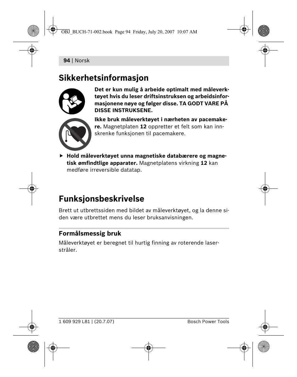 Sikkerhetsinformasjon, Funksjonsbeskrivelse | Bosch BLE 200 Professional User Manual | Page 94 / 267