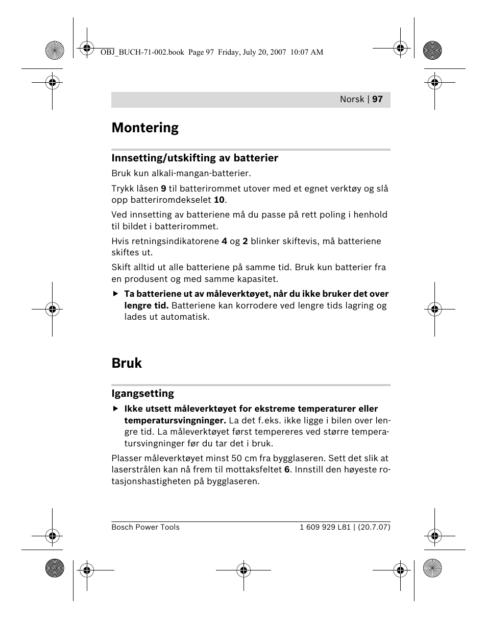 Montering, Bruk | Bosch BLE 200 Professional User Manual | Page 97 / 267