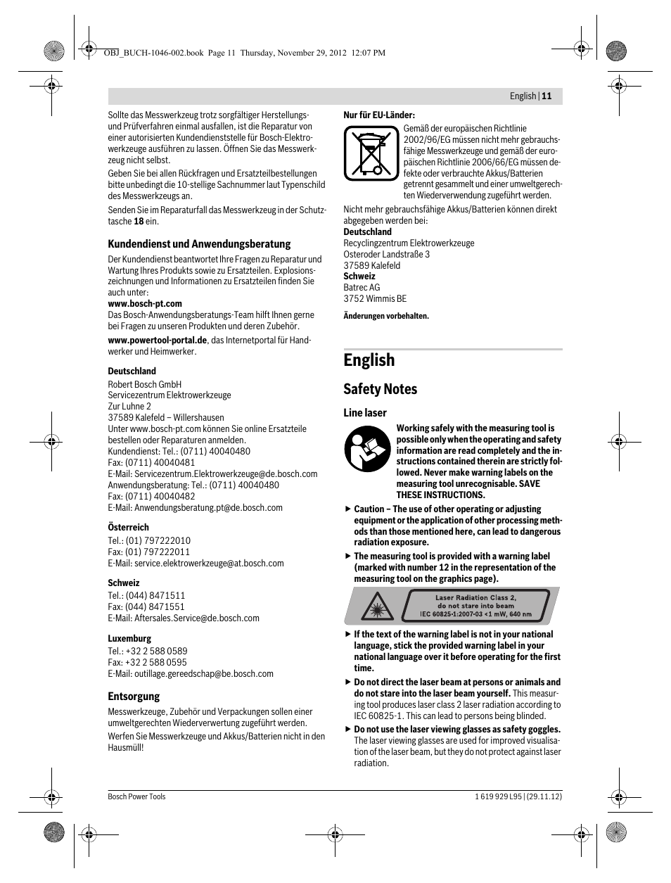 English | Bosch GLL 3-80 P Professional User Manual | Page 11 / 196